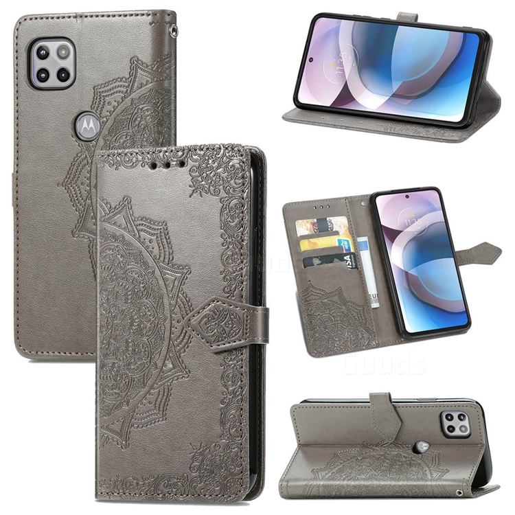 Embossing Imprint Mandala Flower Leather Wallet Case for Motorola One 5G Ace - Gray