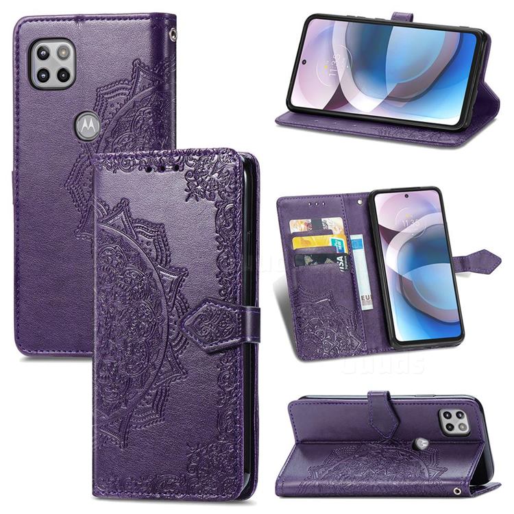 Embossing Imprint Mandala Flower Leather Wallet Case for Motorola One 5G Ace - Purple