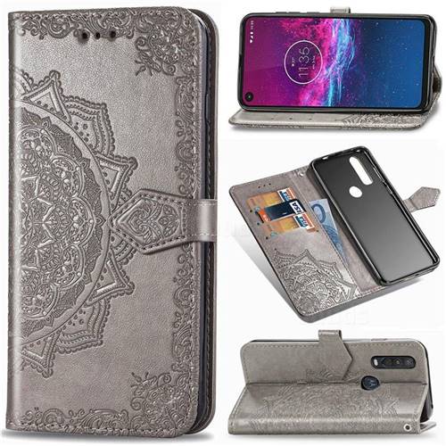 Embossing Imprint Mandala Flower Leather Wallet Case for Motorola One Action - Gray