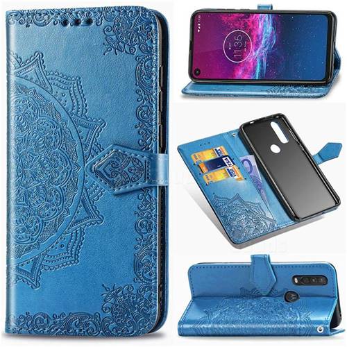 Embossing Imprint Mandala Flower Leather Wallet Case for Motorola One Action - Blue