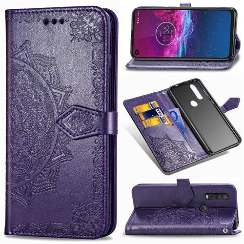 Embossing Imprint Mandala Flower Leather Wallet Case for Motorola One Action - Purple