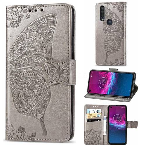 Embossing Mandala Flower Butterfly Leather Wallet Case for Motorola One Action - Gray