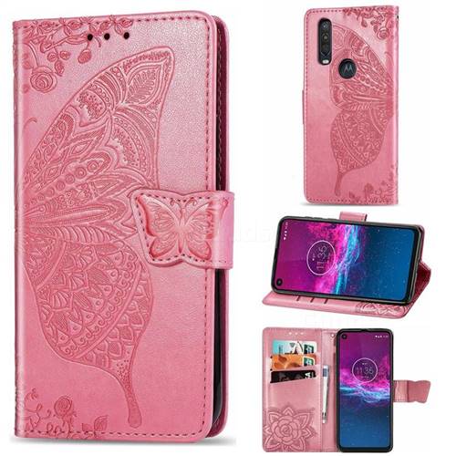 Embossing Mandala Flower Butterfly Leather Wallet Case for Motorola One Action - Pink