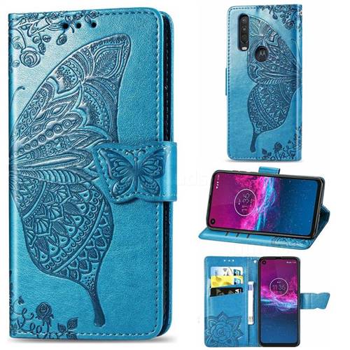 Embossing Mandala Flower Butterfly Leather Wallet Case for Motorola One Action - Blue