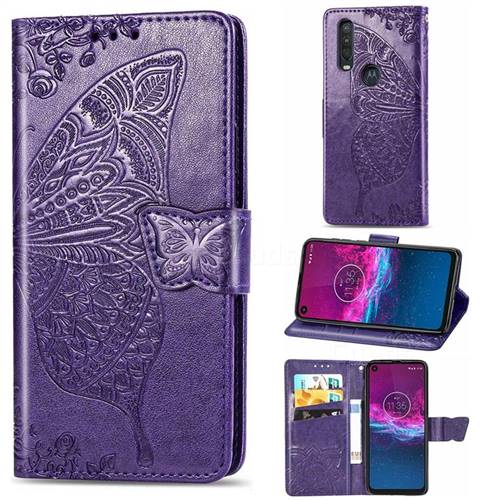 Embossing Mandala Flower Butterfly Leather Wallet Case for Motorola One Action - Dark Purple