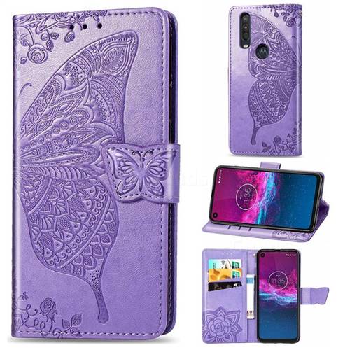 Embossing Mandala Flower Butterfly Leather Wallet Case for Motorola One Action - Light Purple