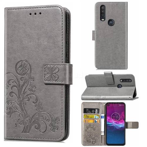 Embossing Imprint Four-Leaf Clover Leather Wallet Case for Motorola One Action - Grey