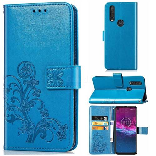 Embossing Imprint Four-Leaf Clover Leather Wallet Case for Motorola One Action - Blue