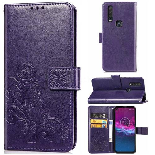 Embossing Imprint Four-Leaf Clover Leather Wallet Case for Motorola One Action - Purple