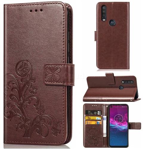 Embossing Imprint Four-Leaf Clover Leather Wallet Case for Motorola One Action - Brown