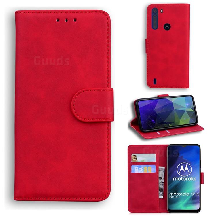 Retro Classic Skin Feel Leather Wallet Phone Case for Motorola Moto One Fusion - Red