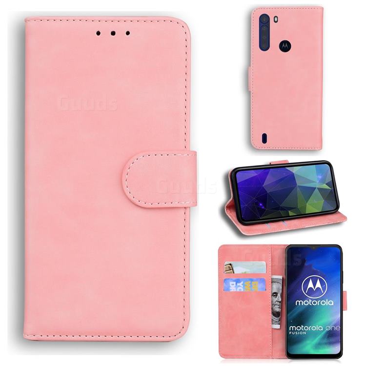Retro Classic Skin Feel Leather Wallet Phone Case for Motorola Moto One Fusion - Pink
