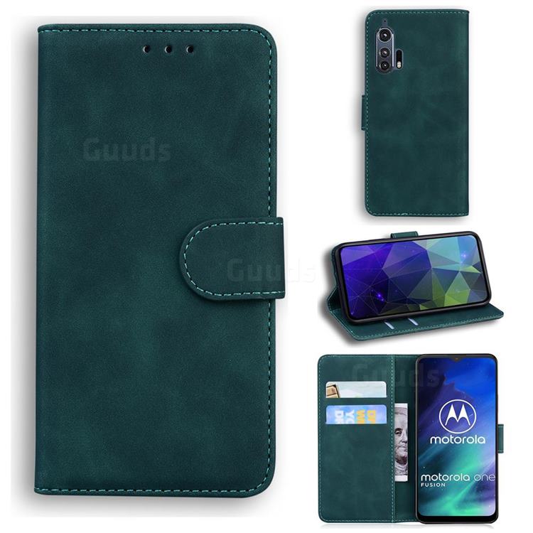 Retro Classic Skin Feel Leather Wallet Phone Case for Motorola Moto One Fusion - Green