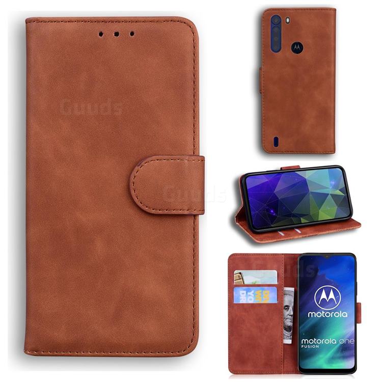 Retro Classic Skin Feel Leather Wallet Phone Case for Motorola Moto One Fusion - Brown