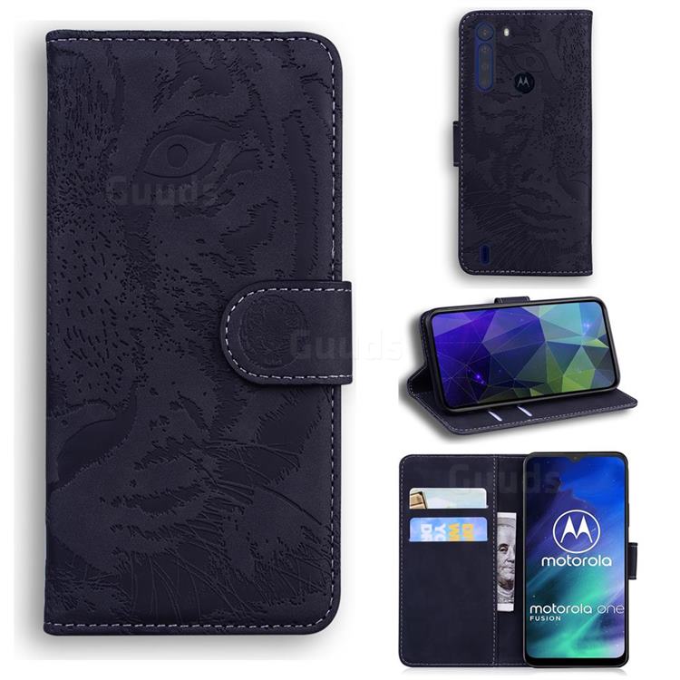 Intricate Embossing Tiger Face Leather Wallet Case for Motorola Moto One Fusion - Black