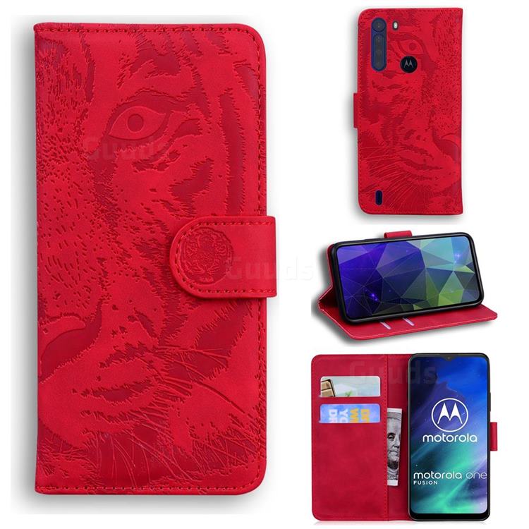 Intricate Embossing Tiger Face Leather Wallet Case for Motorola Moto One Fusion - Red