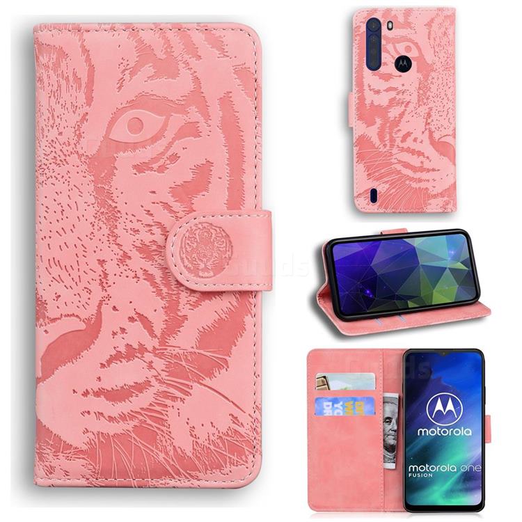 Intricate Embossing Tiger Face Leather Wallet Case for Motorola Moto One Fusion - Pink