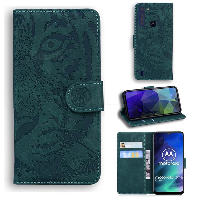 Intricate Embossing Tiger Face Leather Wallet Case for Motorola Moto One Fusion - Green