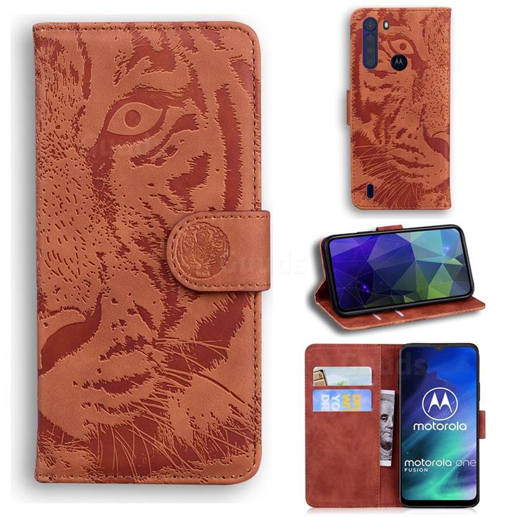 Intricate Embossing Tiger Face Leather Wallet Case for Motorola Moto One Fusion - Brown