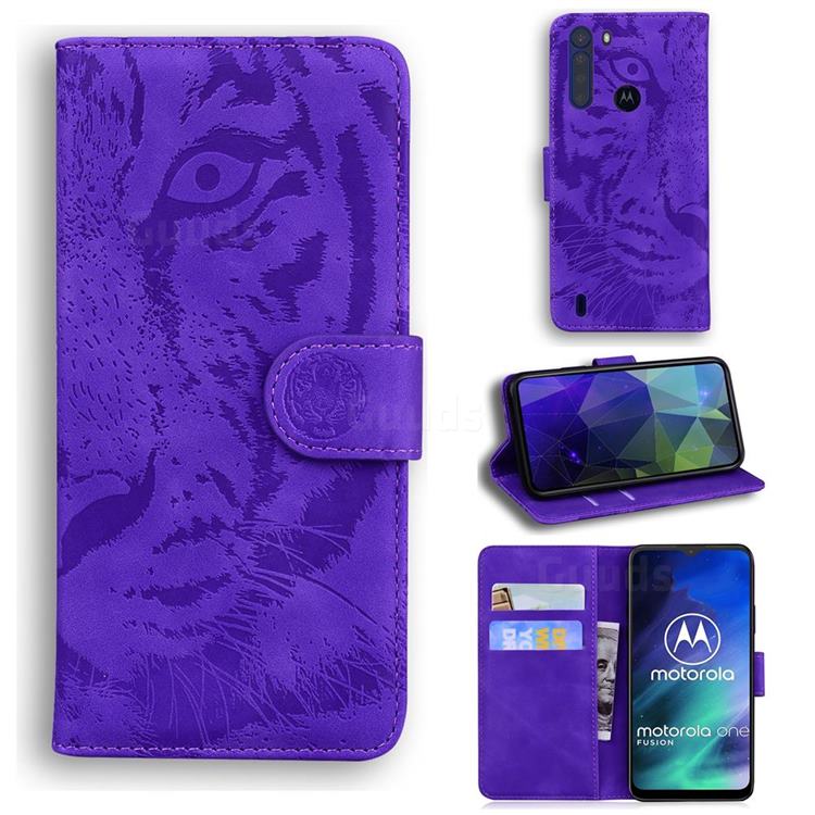 Intricate Embossing Tiger Face Leather Wallet Case for Motorola Moto One Fusion - Purple