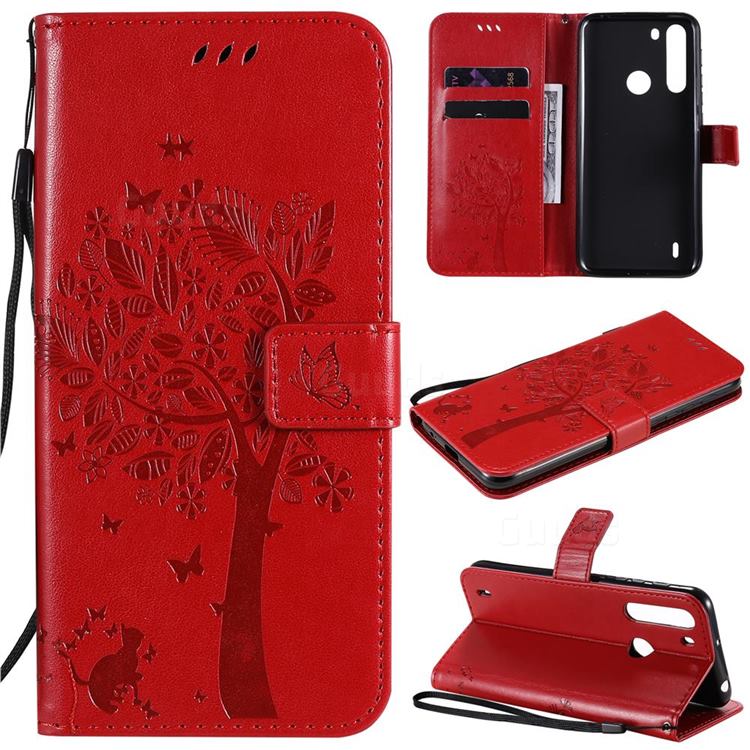 Embossing Butterfly Tree Leather Wallet Case for Motorola Moto One Fusion - Red