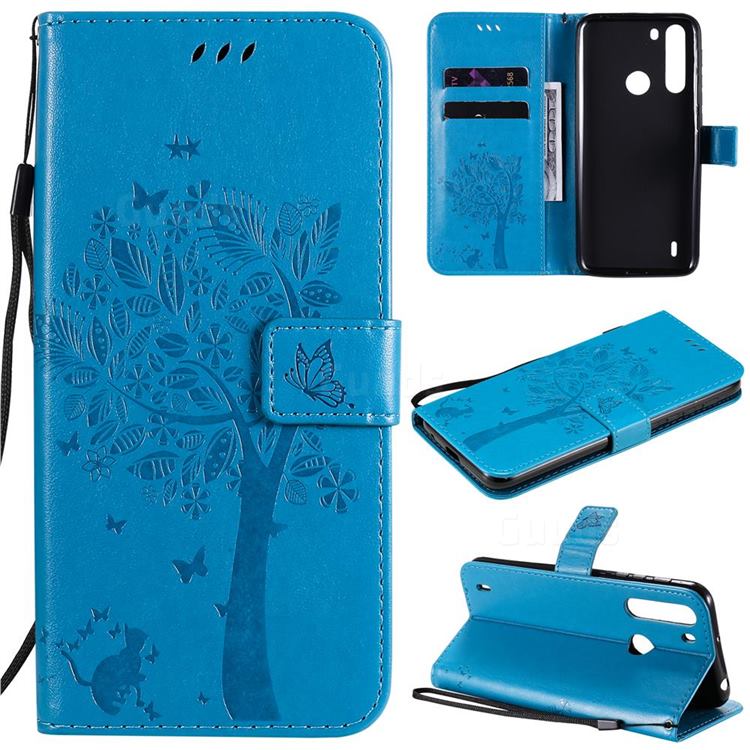 Embossing Butterfly Tree Leather Wallet Case for Motorola Moto One Fusion - Blue