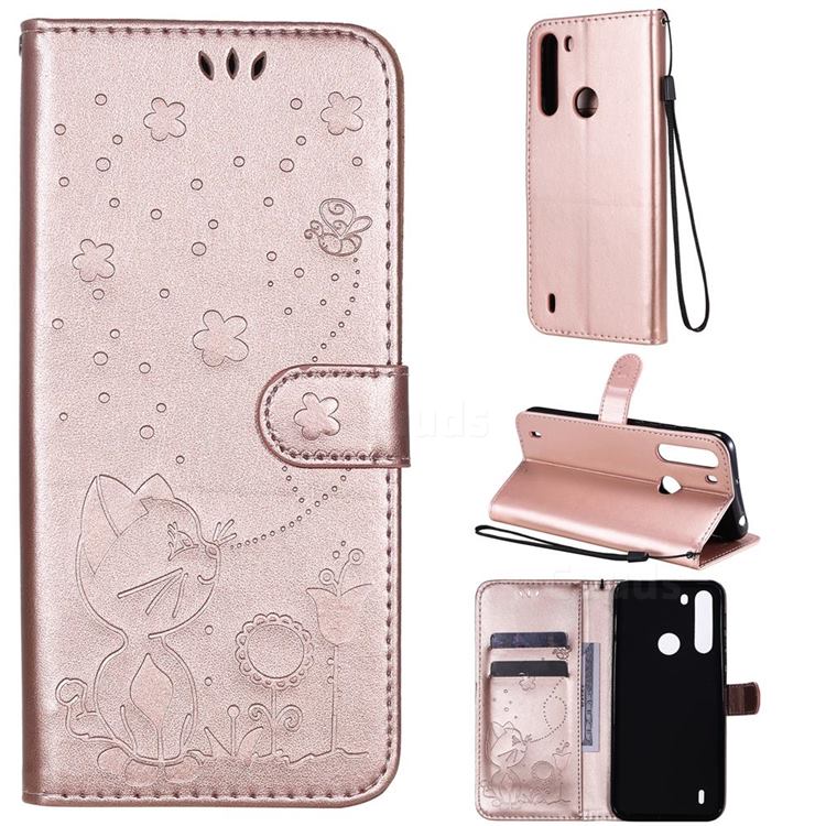 Embossing Bee and Cat Leather Wallet Case for Motorola Moto One Fusion - Rose Gold