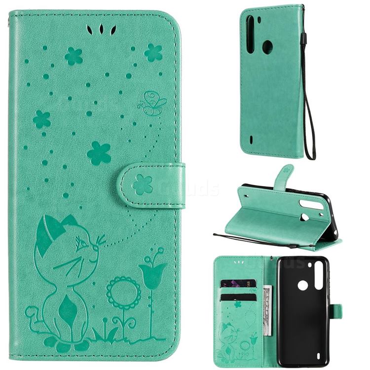 Embossing Bee and Cat Leather Wallet Case for Motorola Moto One Fusion - Green