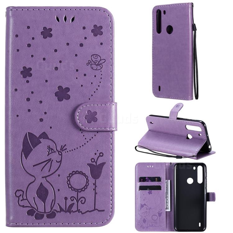 Embossing Bee and Cat Leather Wallet Case for Motorola Moto One Fusion - Purple