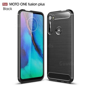 Luxury Carbon Fiber Brushed Wire Drawing Silicone TPU Back Cover for Motorola Moto One Fusion Plus - Black