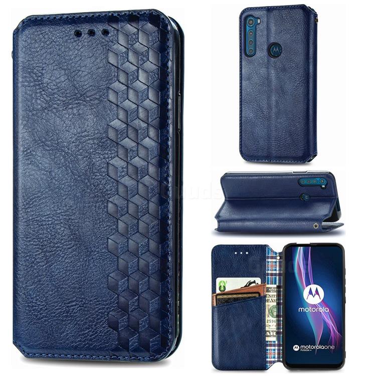 Ultra Slim Fashion Business Card Magnetic Automatic Suction Leather Flip Cover for Motorola Moto One Fusion Plus - Dark Blue