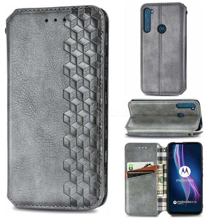 Ultra Slim Fashion Business Card Magnetic Automatic Suction Leather Flip Cover for Motorola Moto One Fusion Plus - Grey