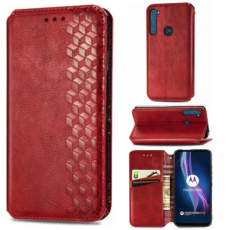 Ultra Slim Fashion Business Card Magnetic Automatic Suction Leather Flip Cover for Motorola Moto One Fusion Plus - Red