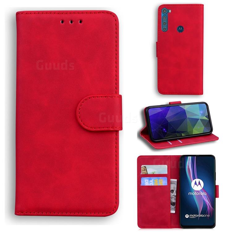 Retro Classic Skin Feel Leather Wallet Phone Case for Motorola Moto One Fusion Plus - Red
