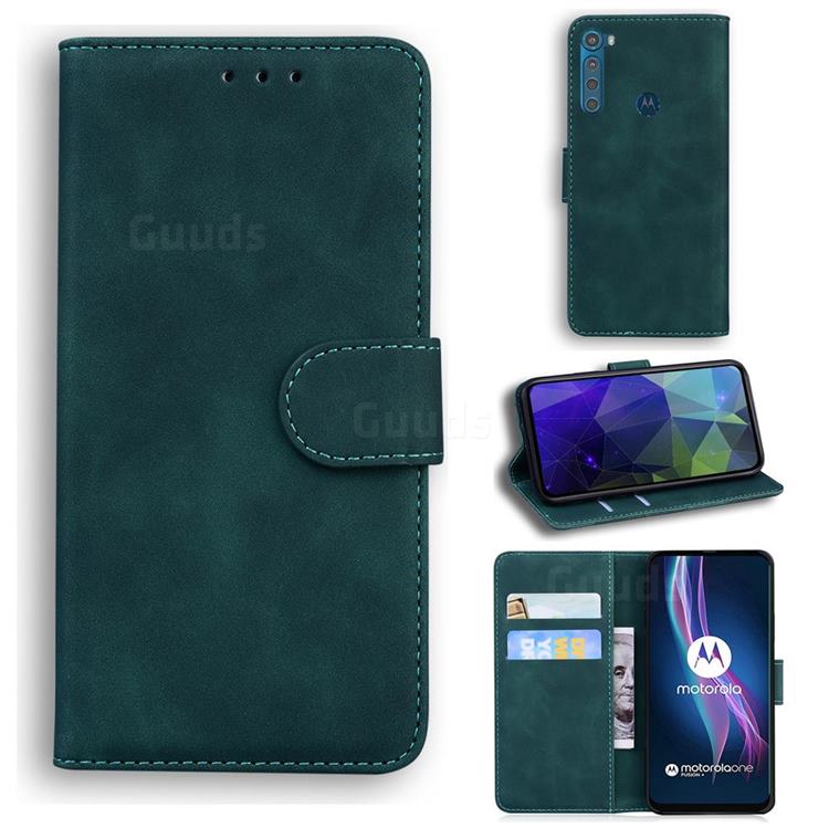 Retro Classic Skin Feel Leather Wallet Phone Case for Motorola Moto One Fusion Plus - Green