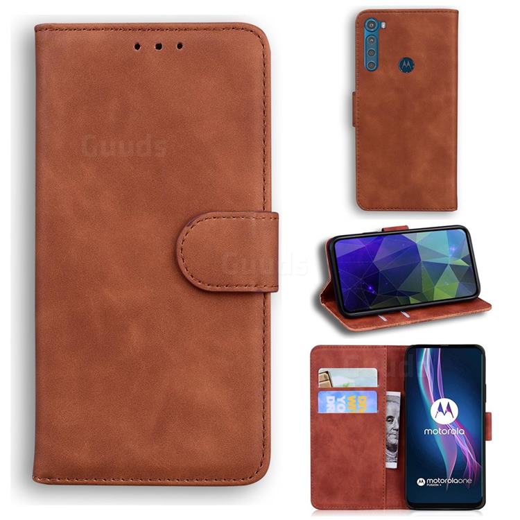 Retro Classic Skin Feel Leather Wallet Phone Case for Motorola Moto One Fusion Plus - Brown