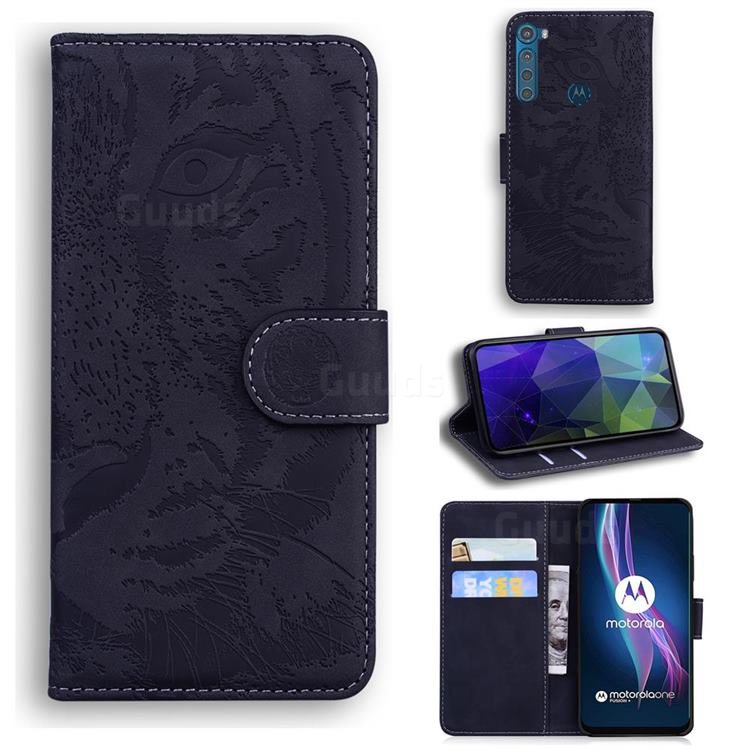 Intricate Embossing Tiger Face Leather Wallet Case for Motorola Moto One Fusion Plus - Black
