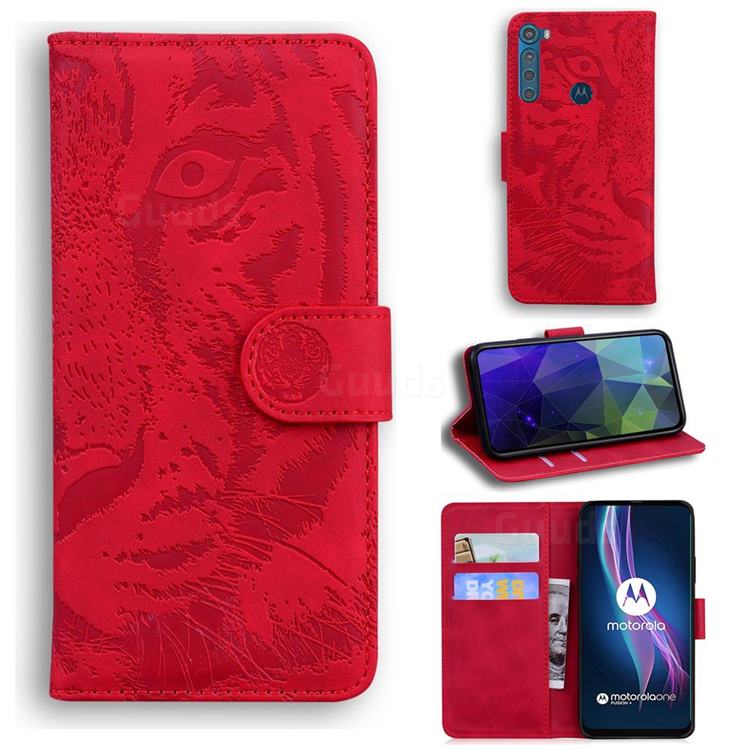 Intricate Embossing Tiger Face Leather Wallet Case for Motorola Moto One Fusion Plus - Red