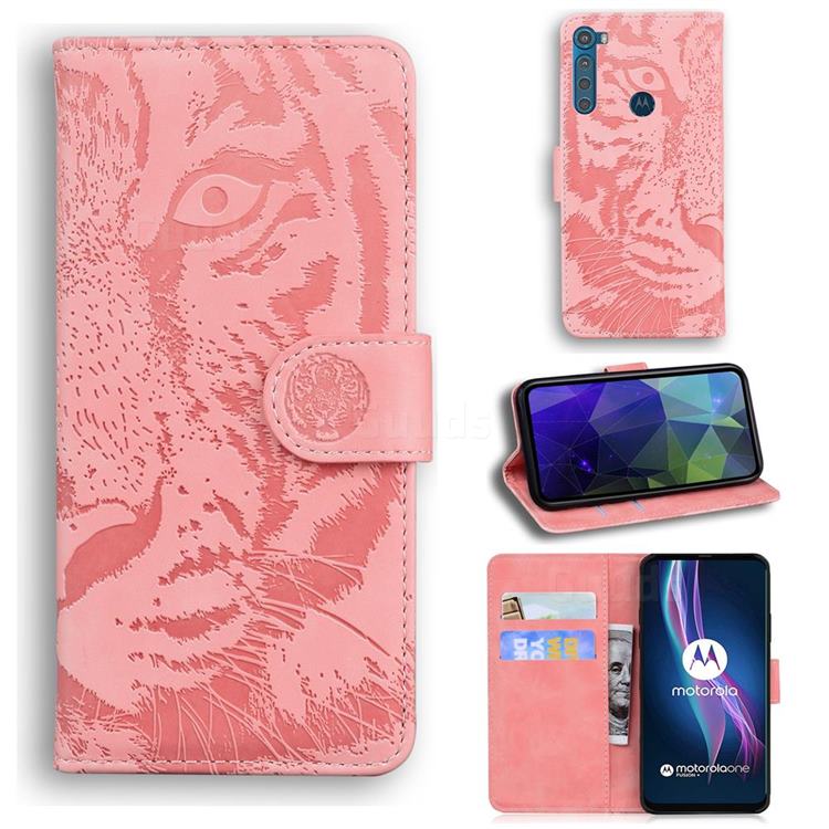 Intricate Embossing Tiger Face Leather Wallet Case for Motorola Moto One Fusion Plus - Pink