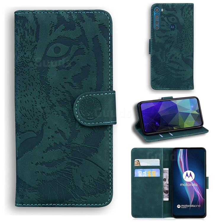 Intricate Embossing Tiger Face Leather Wallet Case for Motorola Moto One Fusion Plus - Green