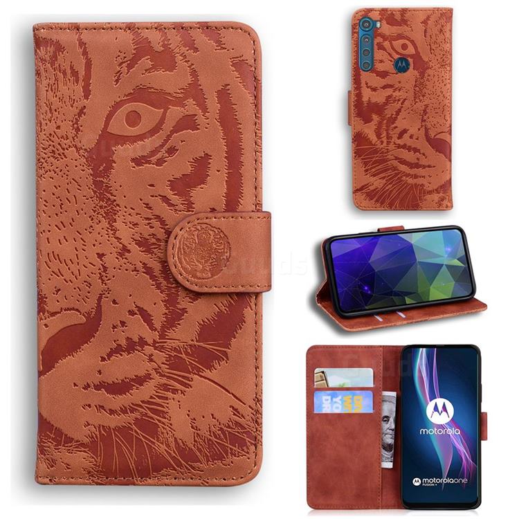 Intricate Embossing Tiger Face Leather Wallet Case for Motorola Moto One Fusion Plus - Brown