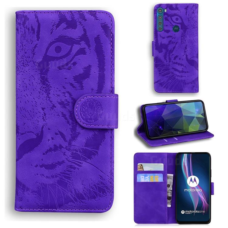 Intricate Embossing Tiger Face Leather Wallet Case for Motorola Moto One Fusion Plus - Purple