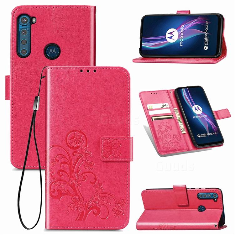 Embossing Imprint Four-Leaf Clover Leather Wallet Case for Motorola Moto One Fusion Plus - Rose Red