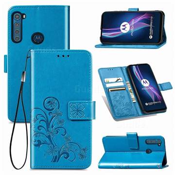 Embossing Imprint Four-Leaf Clover Leather Wallet Case for Motorola Moto One Fusion Plus - Blue