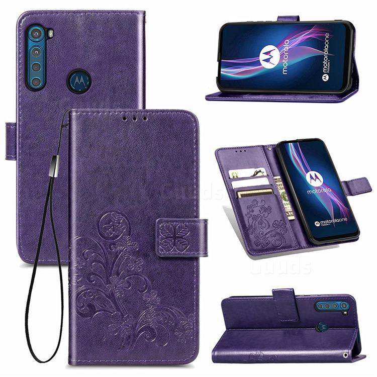Embossing Imprint Four-Leaf Clover Leather Wallet Case for Motorola Moto One Fusion Plus - Purple