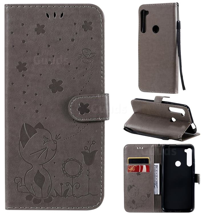 Embossing Bee and Cat Leather Wallet Case for Motorola Moto One Fusion Plus - Gray