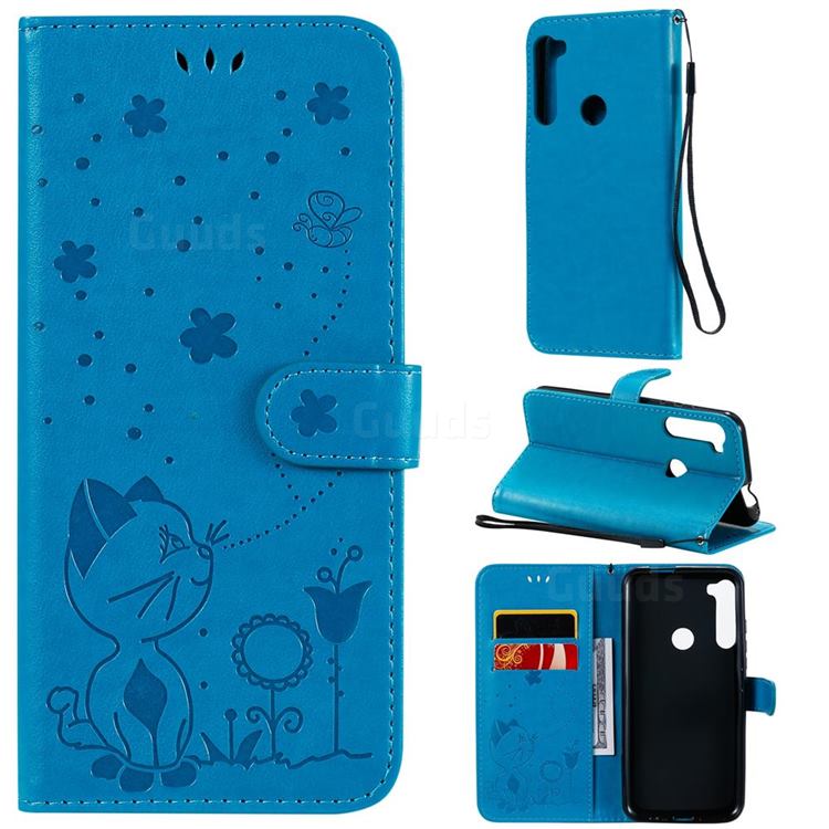 Embossing Bee and Cat Leather Wallet Case for Motorola Moto One Fusion Plus - Blue