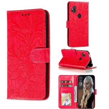 Intricate Embossing Lace Jasmine Flower Leather Wallet Case for Motorola One Hyper - Red