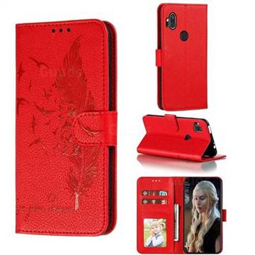 Intricate Embossing Lychee Feather Bird Leather Wallet Case for Motorola One Hyper - Red