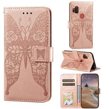 Intricate Embossing Rose Flower Butterfly Leather Wallet Case for Motorola One Hyper - Rose Gold